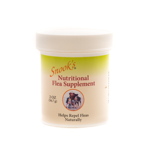 Snook's nutritional flea supplement helps repel fleas naturally, shown in 2oz  jar.