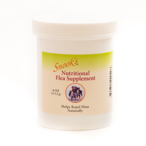 Snook's nutritional flea supplement helps repel fleas naturally, shown in 4oz jar.