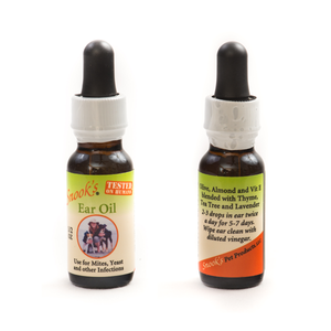 Snook's Ear Oil - use for mites, yeast and other infections. 1/2 oz bottle, shows front and back