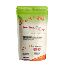 Load image into Gallery viewer, Back of 1lb pouch Snook&#39;s Sweet Potato Chips for dogs. Made from dried golden sweet potatoes.