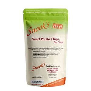 Back of 1lb pouch Snook's Sweet Potato Chips for dogs. Made from dried golden sweet potatoes.