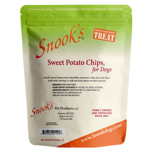 Back of 5lb pouch Snook's Sweet Potato Chips for dogs. Made from dried golden sweet potatoes.