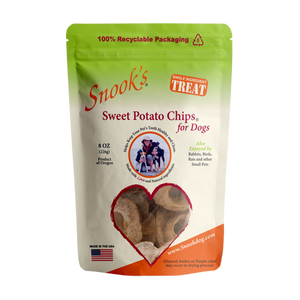 8oz pouch of Snook's Sweet Potato Chips for dogs. Made from dried golden sweet potatoes.