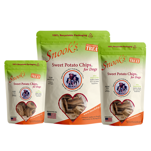 Snook's Sweet Potato Chips for dogs. Made from dried golden sweet potatoes.