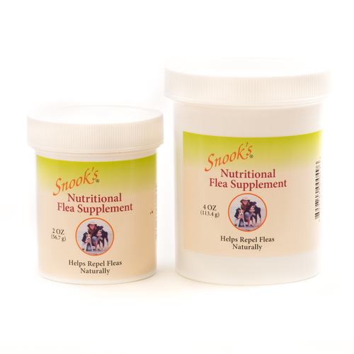 Snook's nutritional flea supplement helps repel fleas naturally, available in 2oz and 4oz
