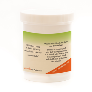 Snook's nutritional flea supplement helps repel fleas naturally, showing back label.