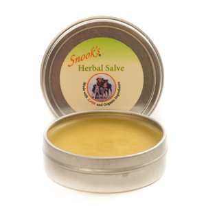Herbal Salve made with Food Grade ingredients that can be used on hot spots, sores on pads and abrasions or bites.  Open tin shown