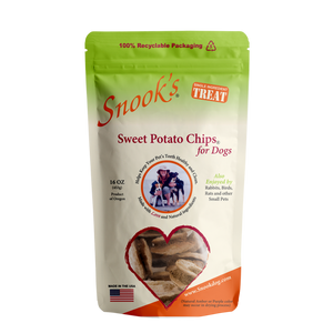 1lb pouch Snook's Sweet Potato Chips for dogs. Made from dried golden sweet potatoes.
