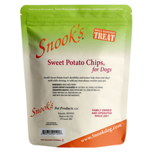 Load image into Gallery viewer, Back of 5lb pouch Snook&#39;s Sweet Potato Chips for dogs. Made from dried golden sweet potatoes.