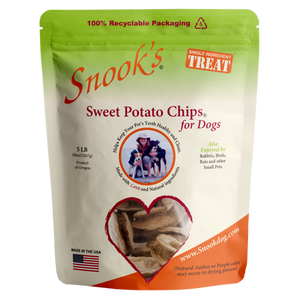 5lb pouch Snook's Sweet Potato Chips for dogs. Made from dried golden sweet potatoes.