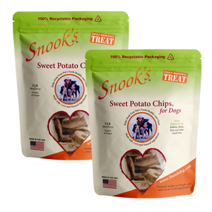 (2) 5lb pouches Snook's Sweet Potato Chips for dogs. Made from dried golden sweet potatoes.