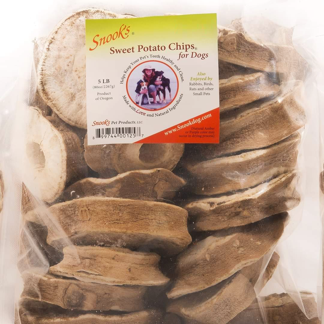 Snook's Sweet Potato Dog Chips 5lb large and extra large pieces, ships in old style packaging. These are NOT SECONDS, just large pieces.