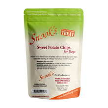 Load image into Gallery viewer, Back side of 8oz pouch Snook&#39;s Sweet Potato Chips for dogs. Made from dried golden sweet potatoes.