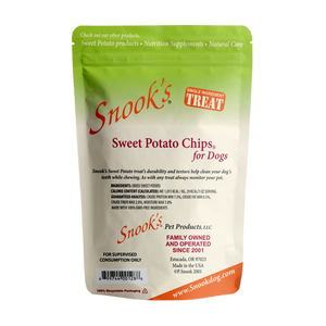 Back side of 8oz pouch Snook's Sweet Potato Chips for dogs. Made from dried golden sweet potatoes.