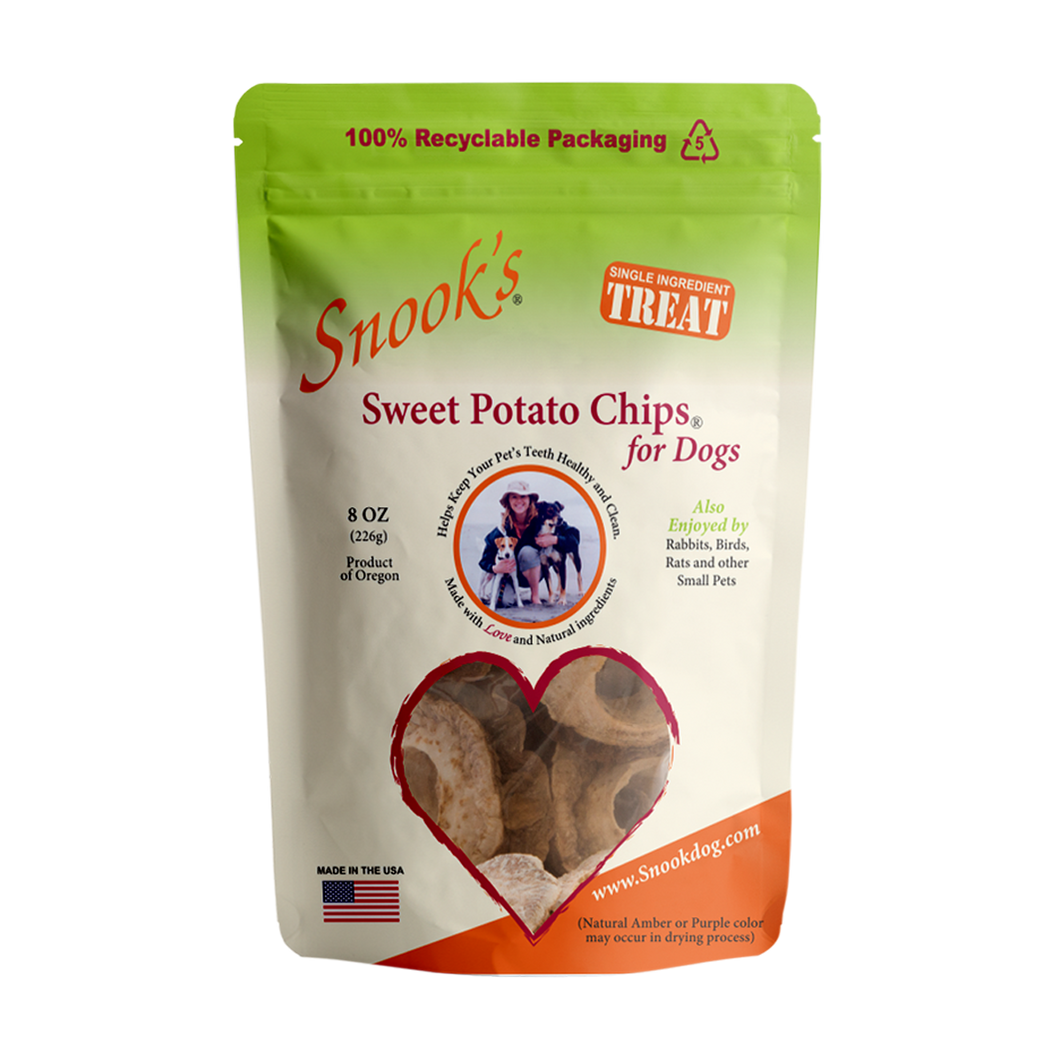 8oz pouch of Snook's Sweet Potato Chips for dogs. Made from dried golden sweet potatoes.