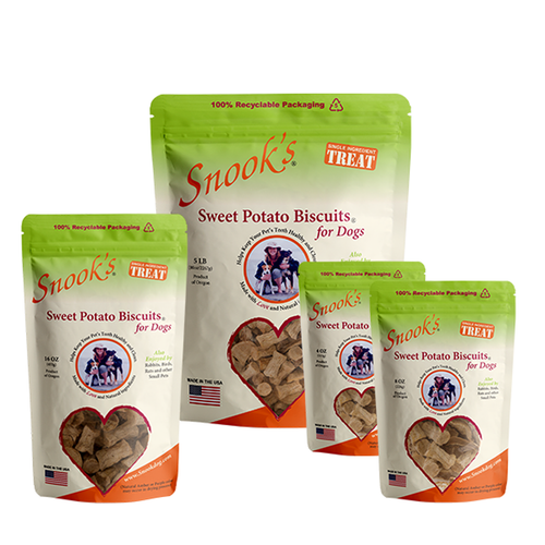 Snooks Sweet Potato Biscuit Group image showing available sizes in 4oz,, 8oz, 16oz, 5lb and 10lb